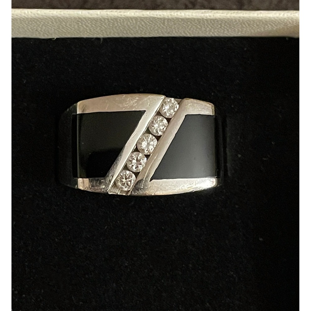 Mens 14KT White Gold 0.35 carat Diamond Black Onyx Diagonal Signet Ring